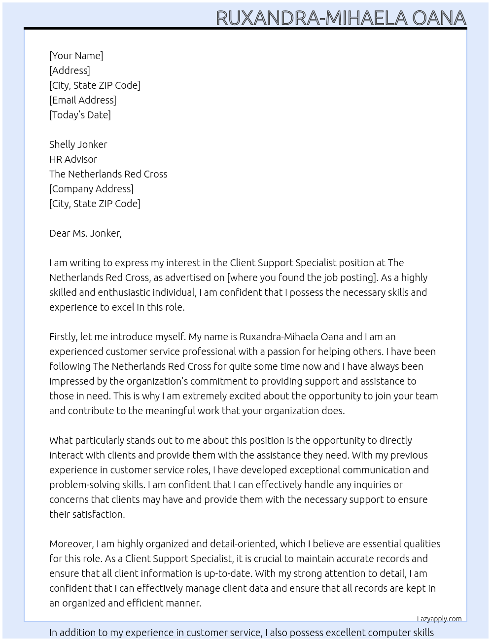 Client Support Specialist At The Netherlands Red Cross Cover Letter