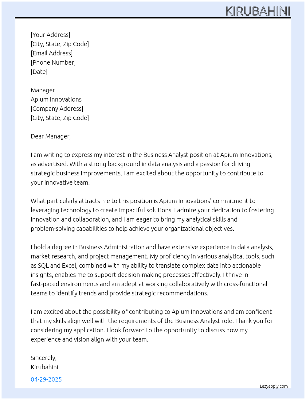 Business Analyst At Apium Innovations Cover Letter