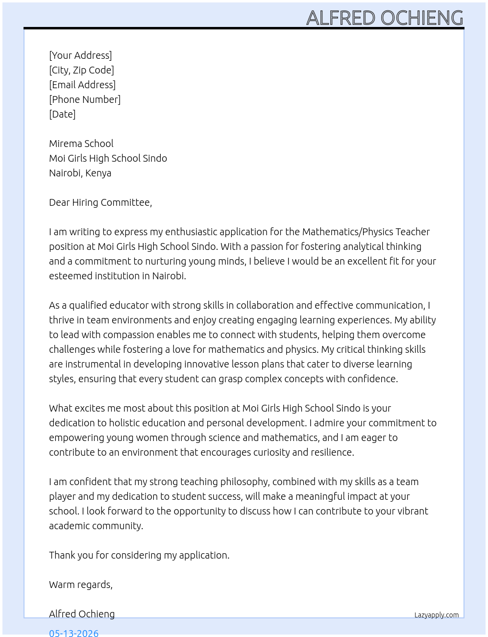 MATHEMATICS/PHYSICS TEACHER At MOI GIRLS HIGH SCHOOL SINDO Cover Letter