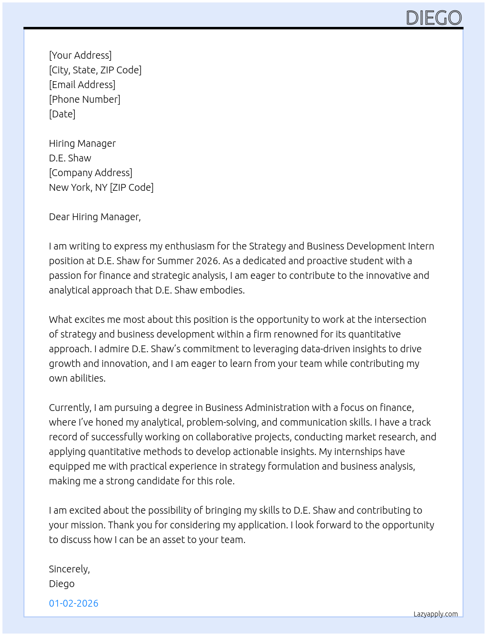 Strategy and Business Development Intern (New York) – Summer 2026, NYC At DE Shaw Cover Letter