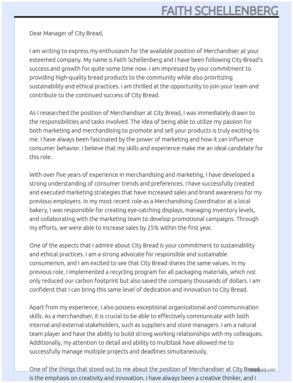 Merchandiser At City bread Cover Letter