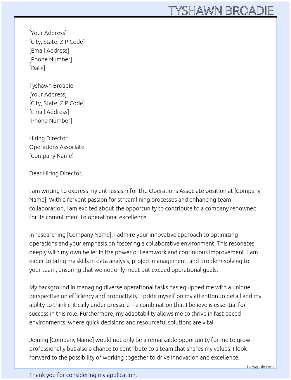 Cover letter for operations associate - LazyApply