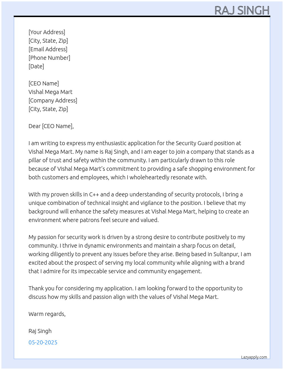 Security Guard At Vishal Mega Mart Cover Letter