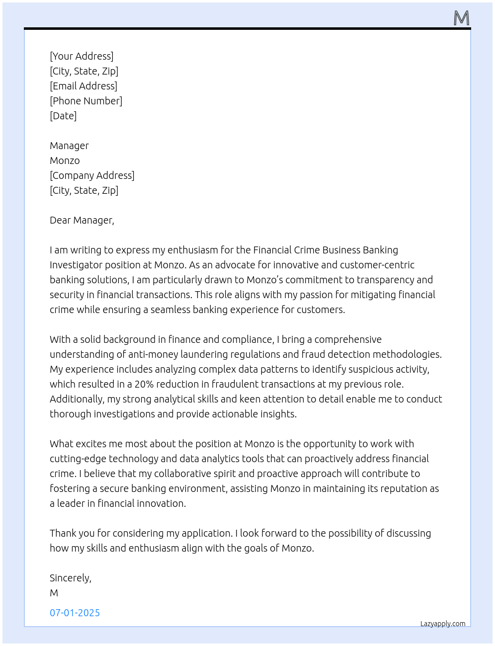 Financial crime business banking investigator At Monzo Cover Letter