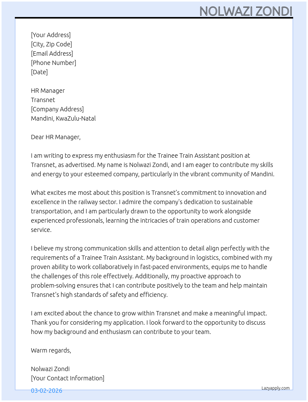 Trainee Train Assistant  At Transnet  Cover Letter