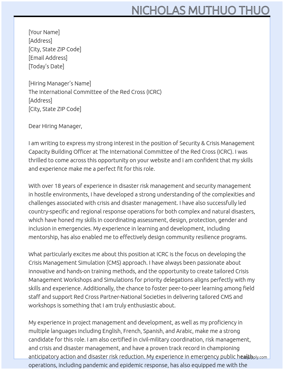 Cover letter for security & crisis management capacity building officer - LazyApply