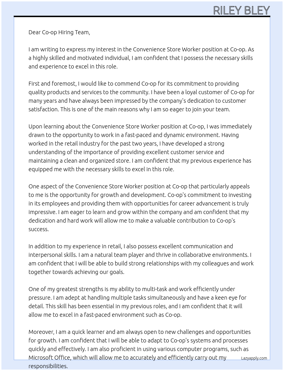 Convenience store worker At Co-op Cover Letter