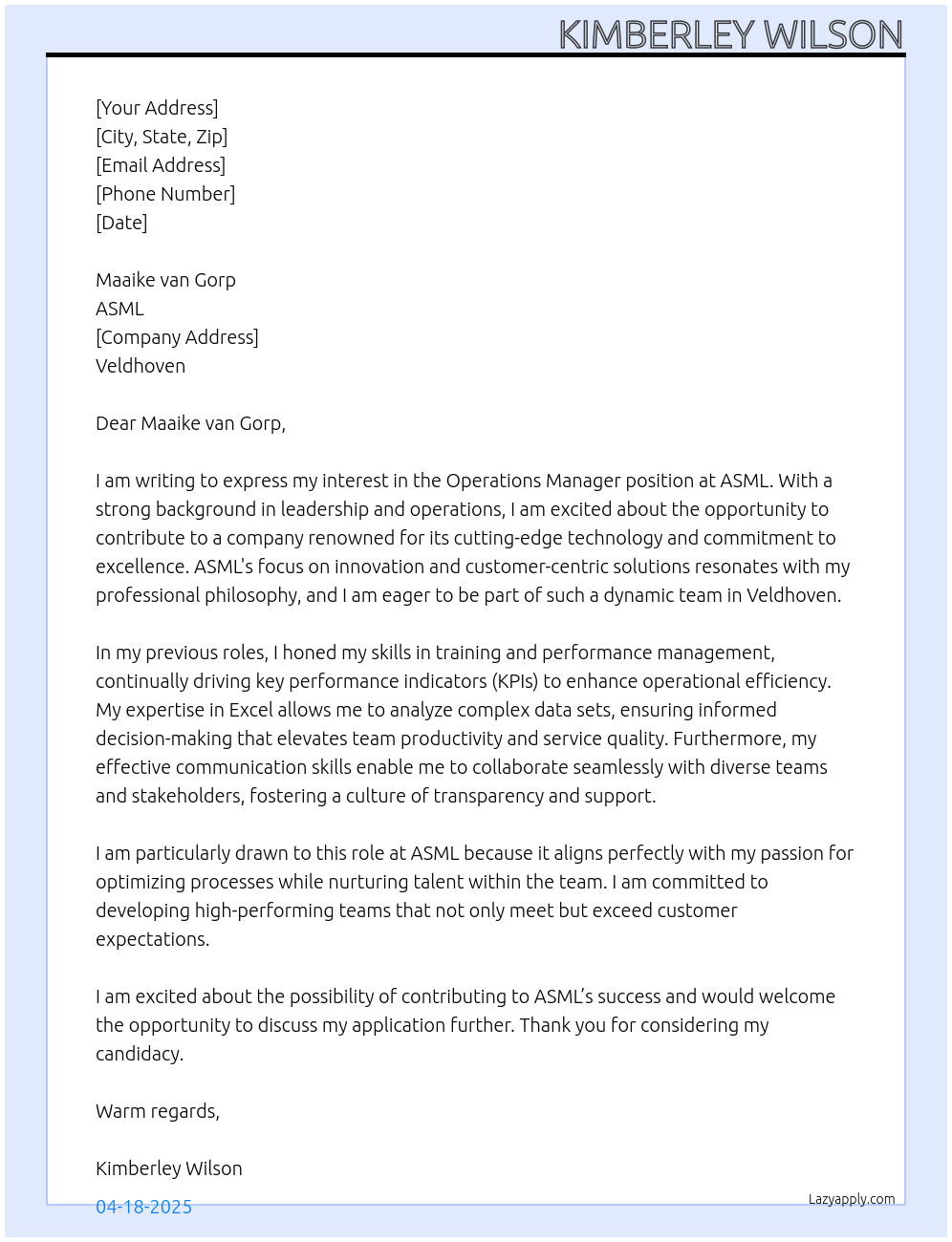 Operations manager At ASML Cover Letter