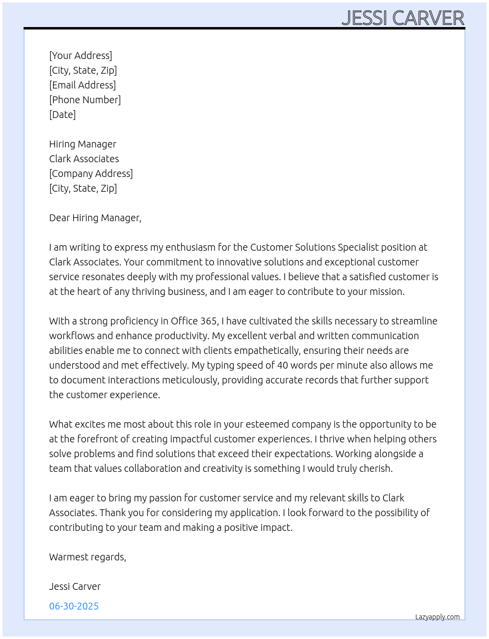 Customer solutions specialist At Clark associates Cover Letter