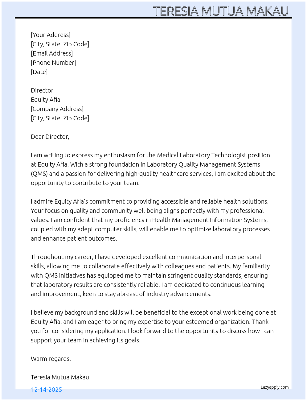 Cover letter for medical laboratory technologist - LazyApply