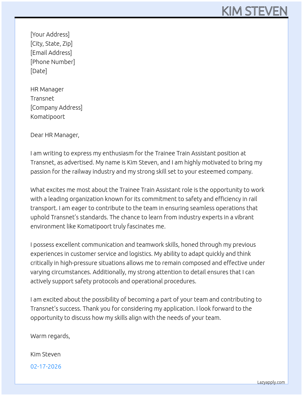 trainee train assistant At transnet Cover Letter