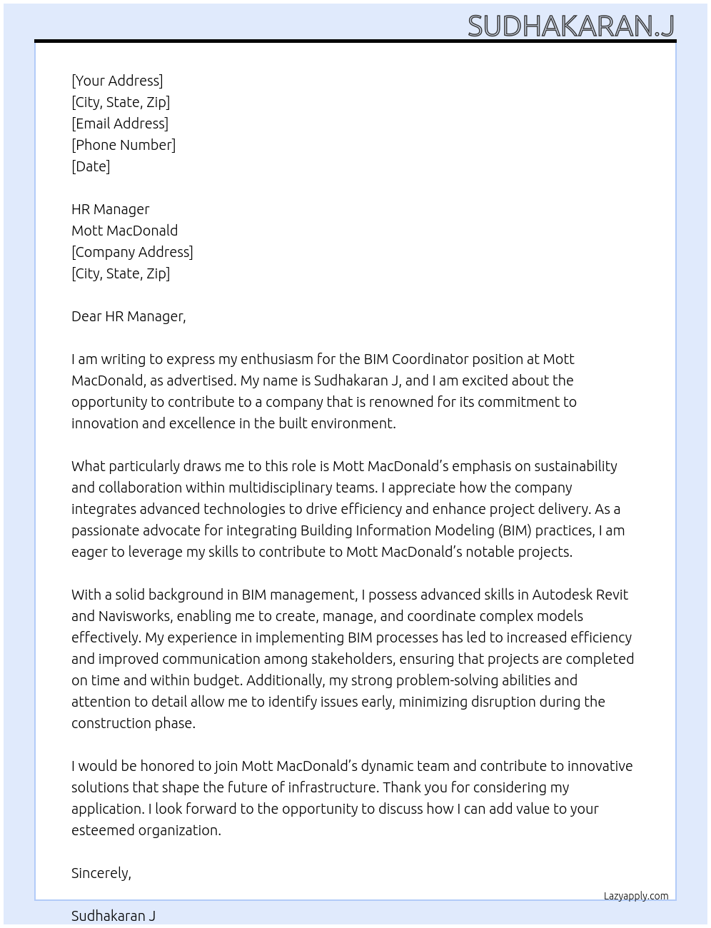 BIM Coordinator At MOTT MACDONALD Cover Letter