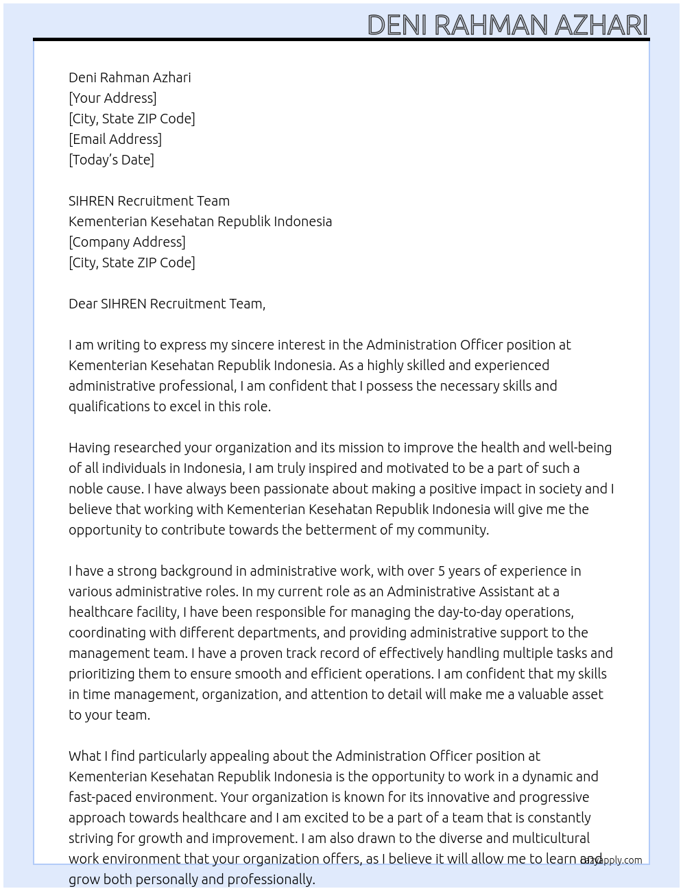 Administration Officer At Kementerian Kesehatan Republik Indonesa Cover Letter