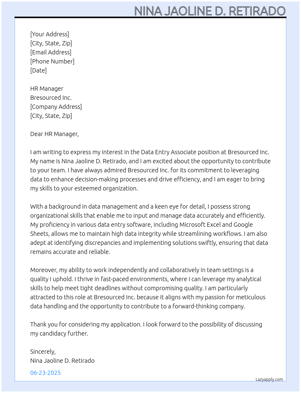 Data Entry Associate At Bresourced Inc. Cover Letter