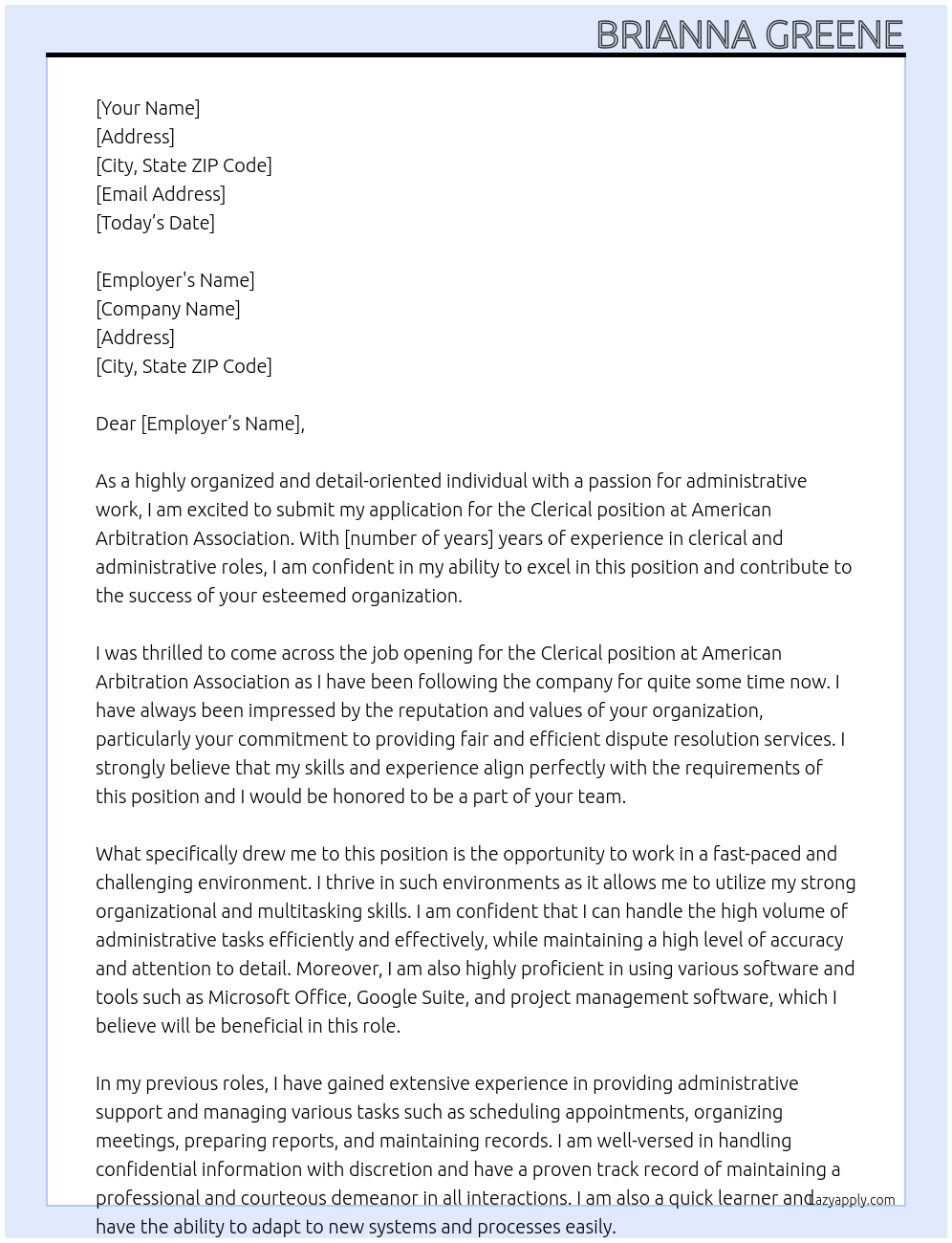 Clerical At American Arbitration Association Cover Letter