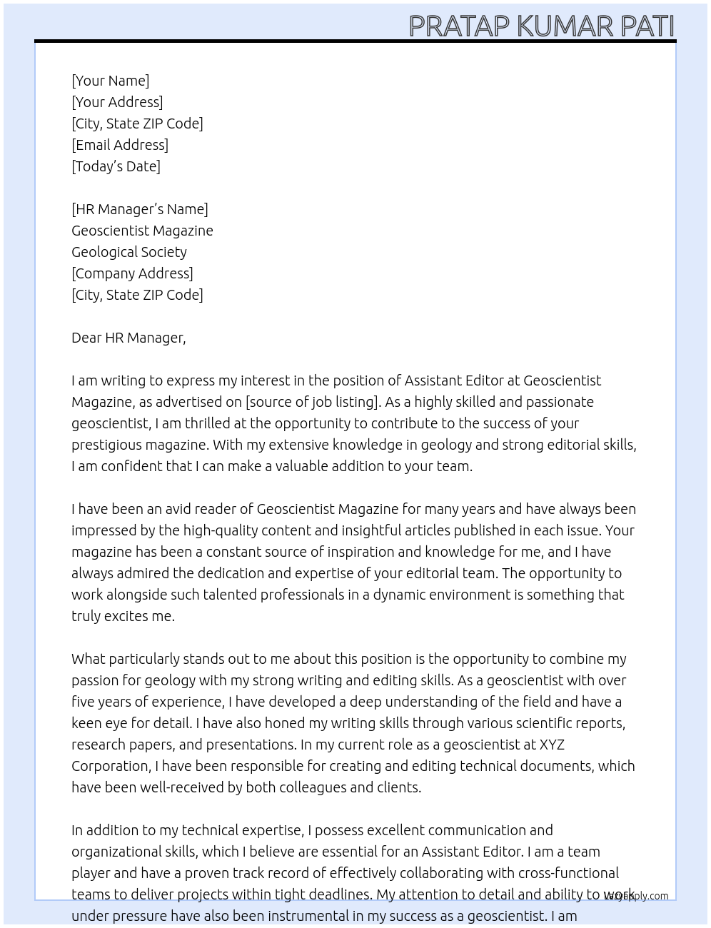 Assistant Editor At Geoscientist Magazine Cover Letter