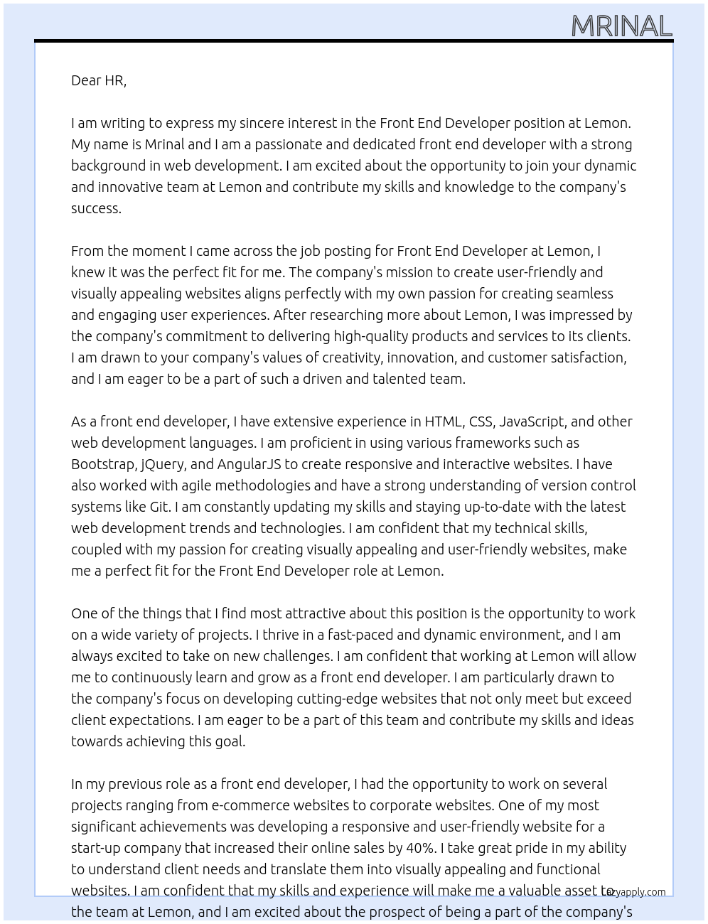 front end developer At Lemon Cover Letter