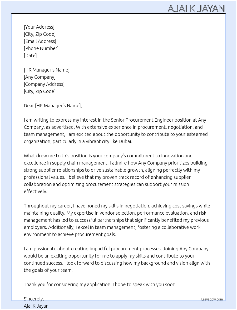 Cover letter for senior procurement engineer - LazyApply