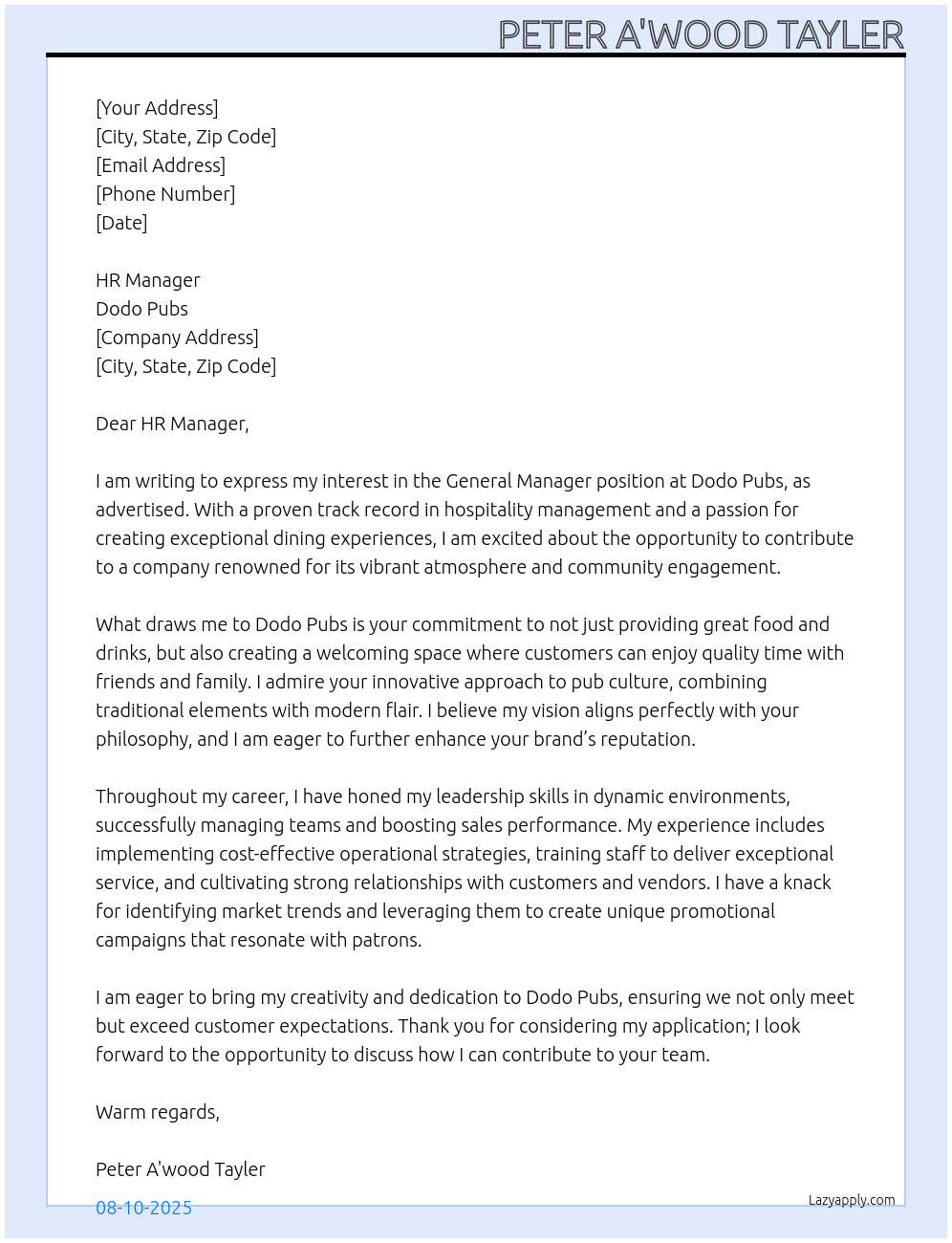 General Manager At Dodo Pubs Cover Letter