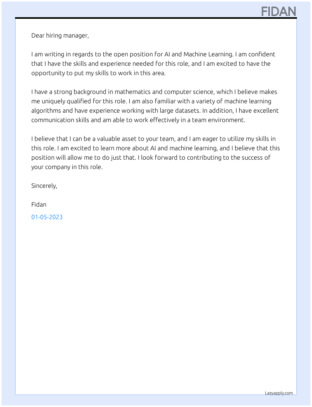 Cover letter for ai and machine learning - LazyApply