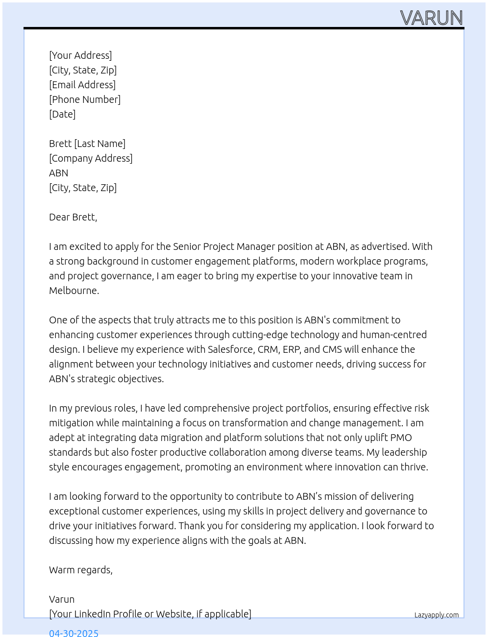 Senior Project Manager At ABN Cover Letter