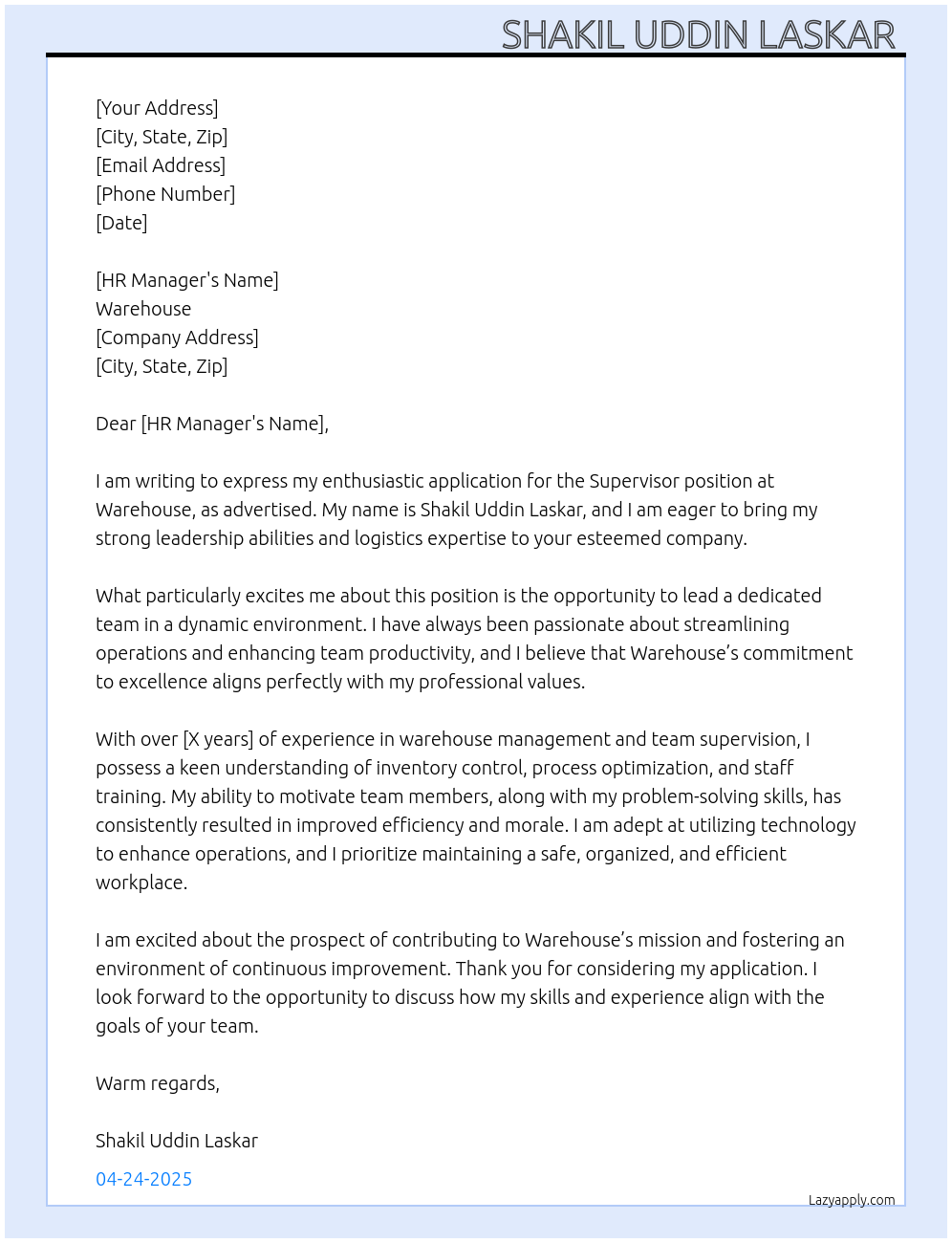 Supervisor At Warehouse Cover Letter