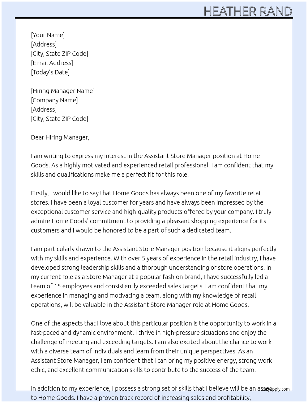 Assistant store manager At Home Goods Cover Letter