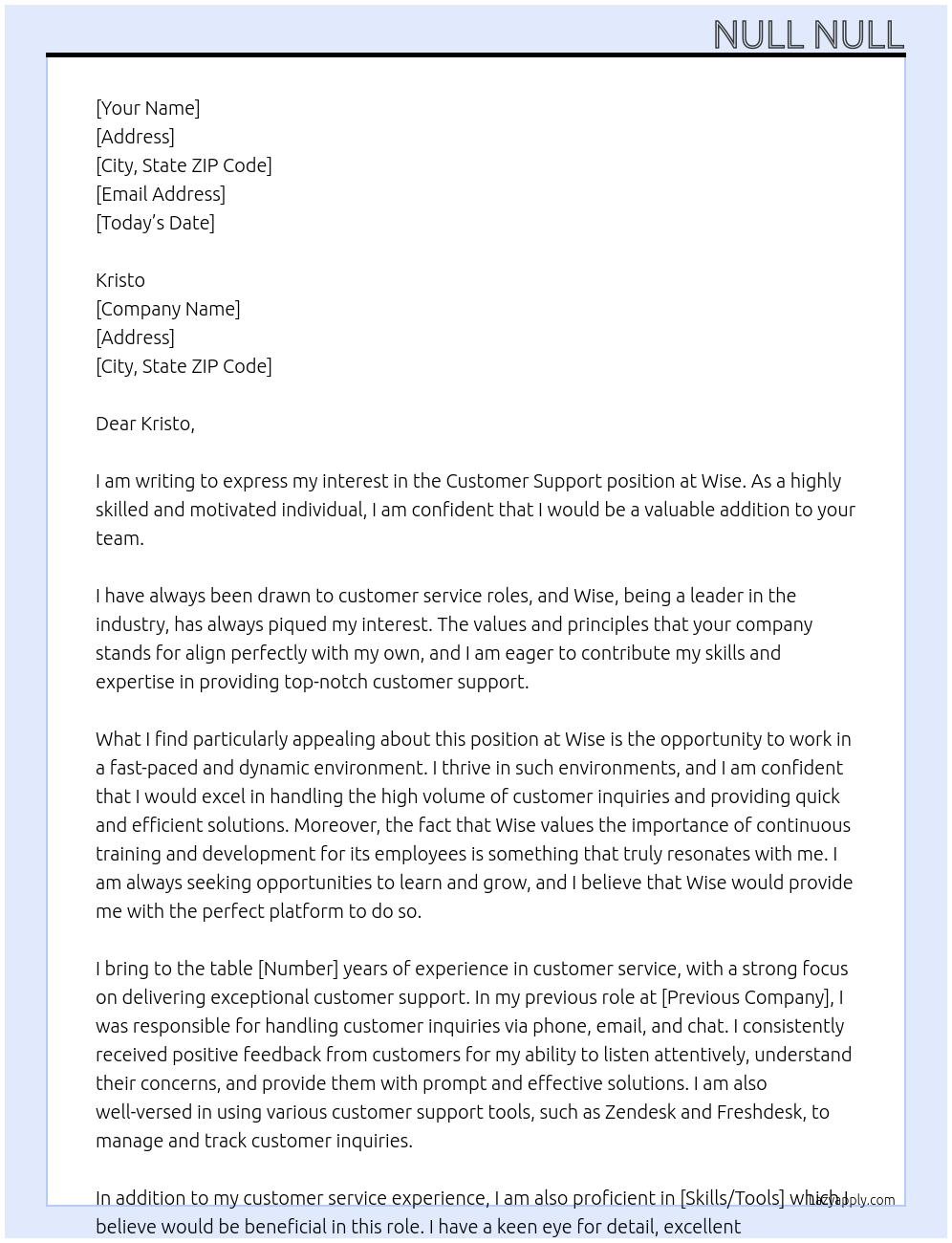 Customer support At Wise Cover Letter