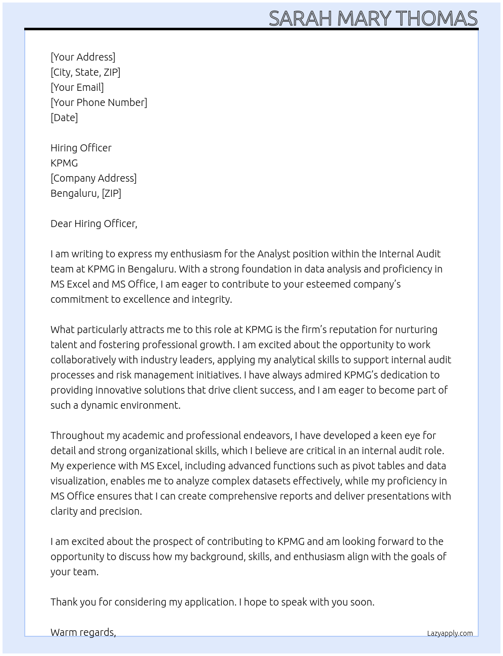 Analyst At KPMG Cover Letter