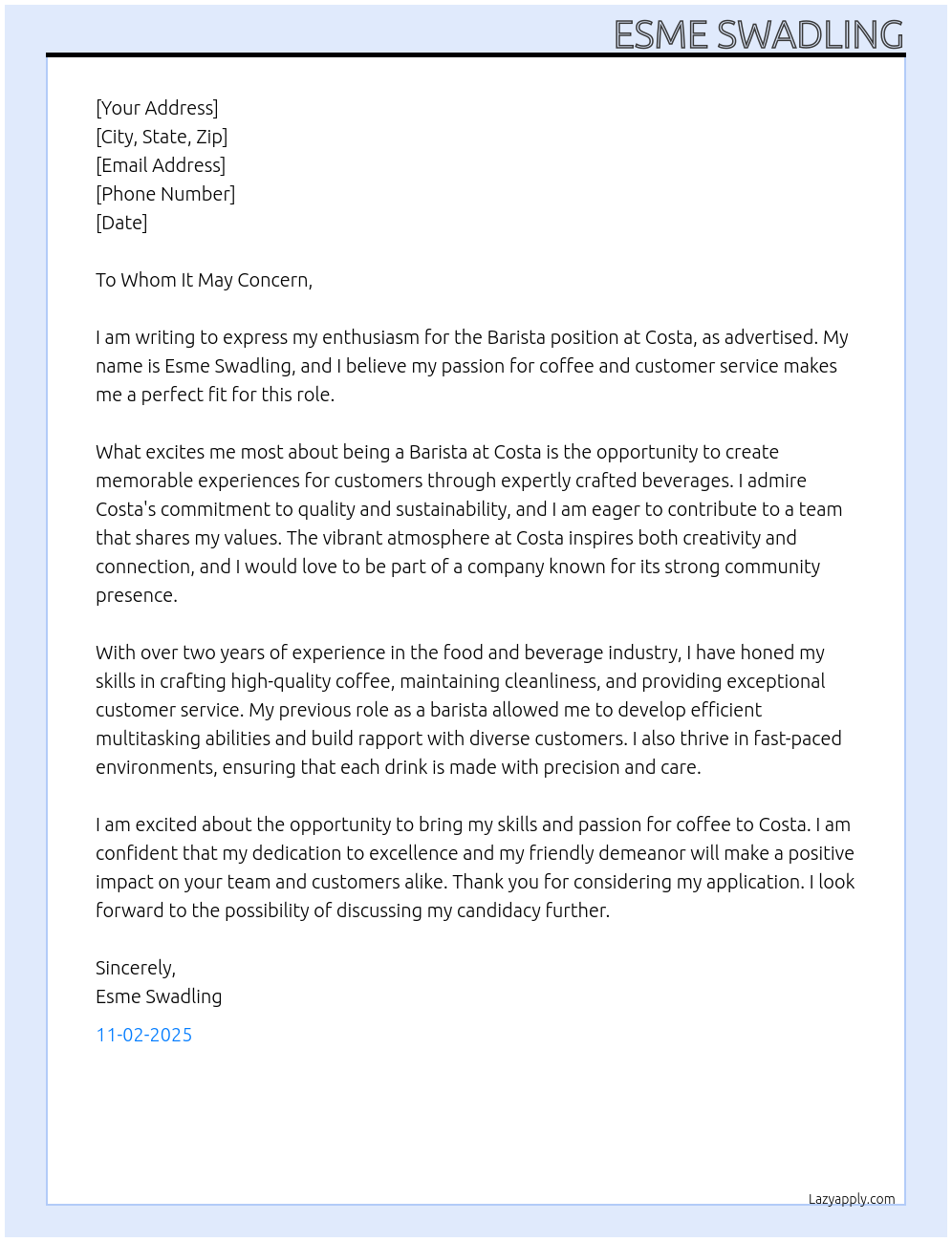 Costa Barsita  At Costa  Cover Letter