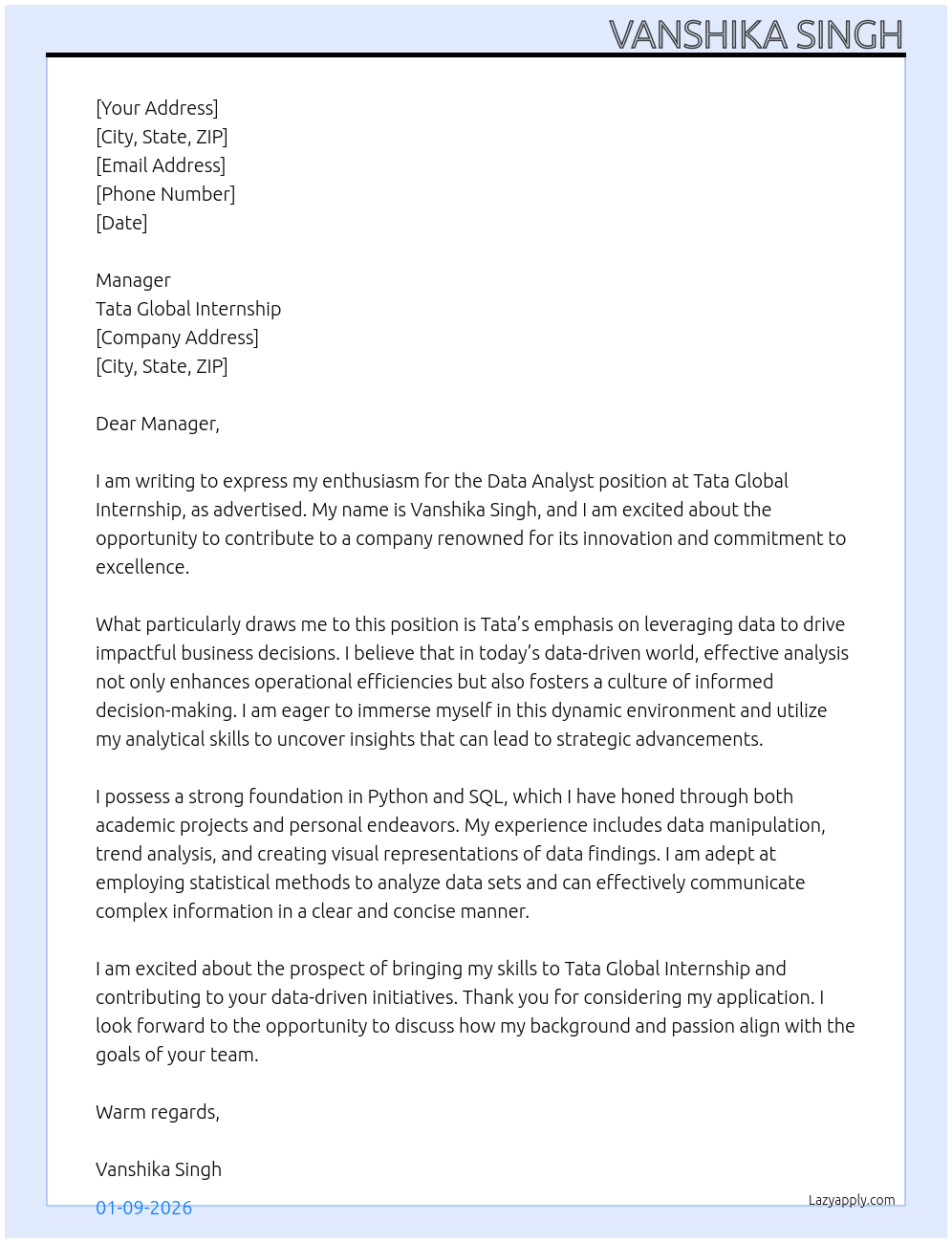 data Analyst At Tata Global Internship Cover Letter