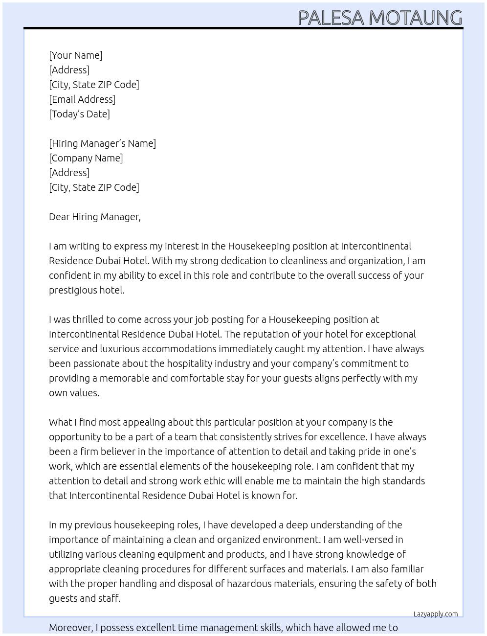 Housekeeping At Intercontinental residence dubai hotel Cover Letter