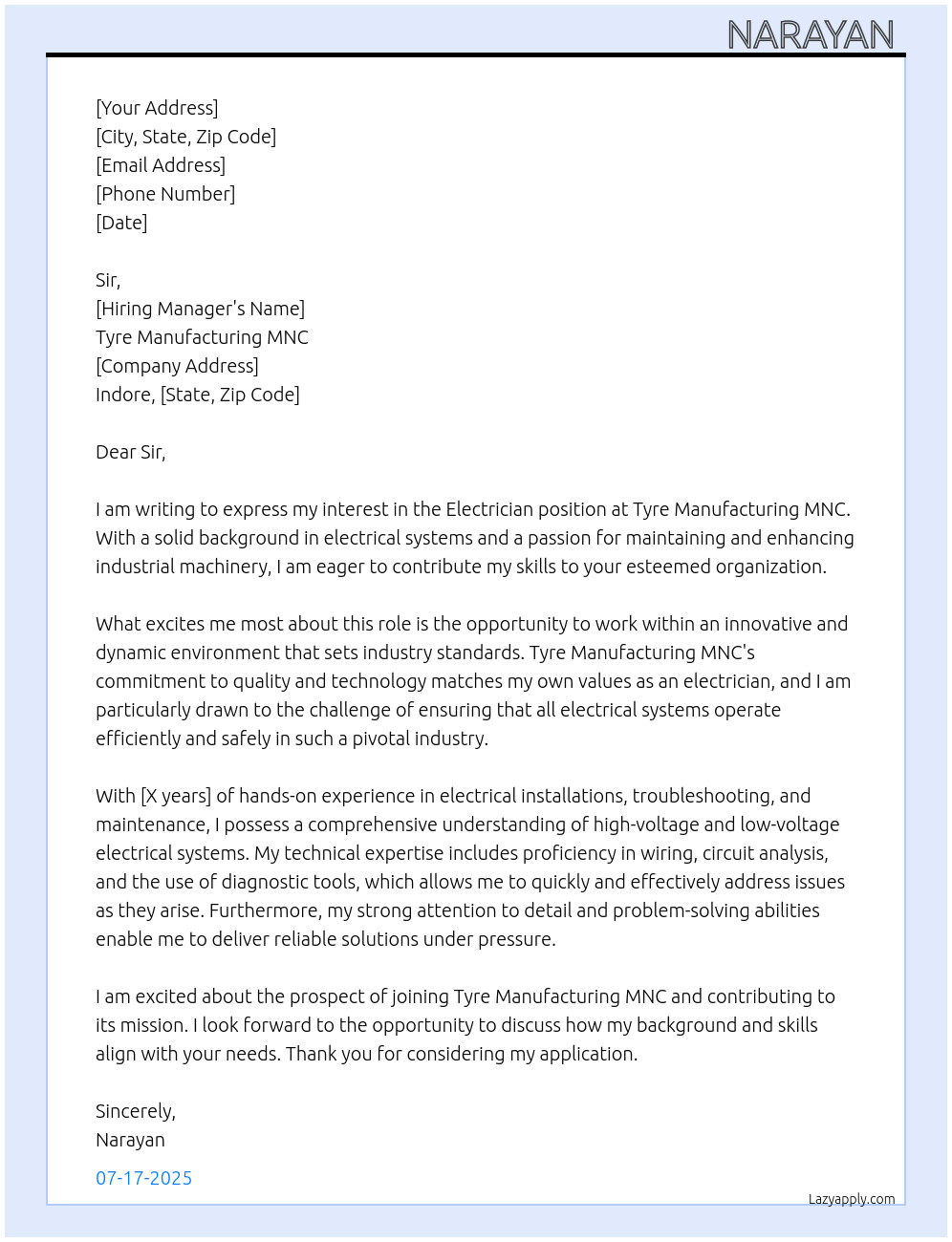 Electrician At Tyre Manufacturing MNC Cover Letter