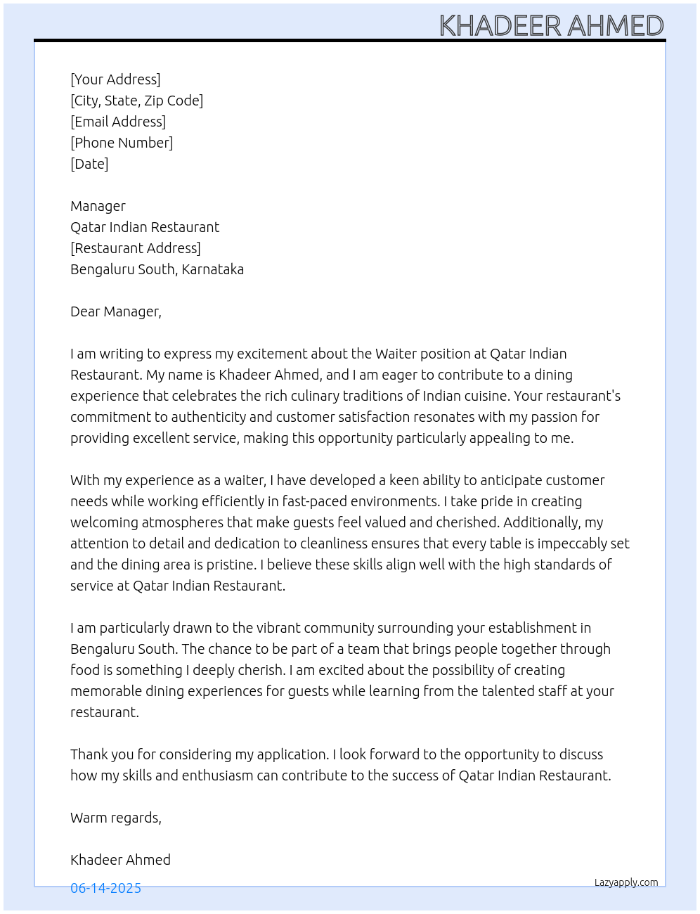 Waiter At Qatar Indian Restaurant Cover Letter