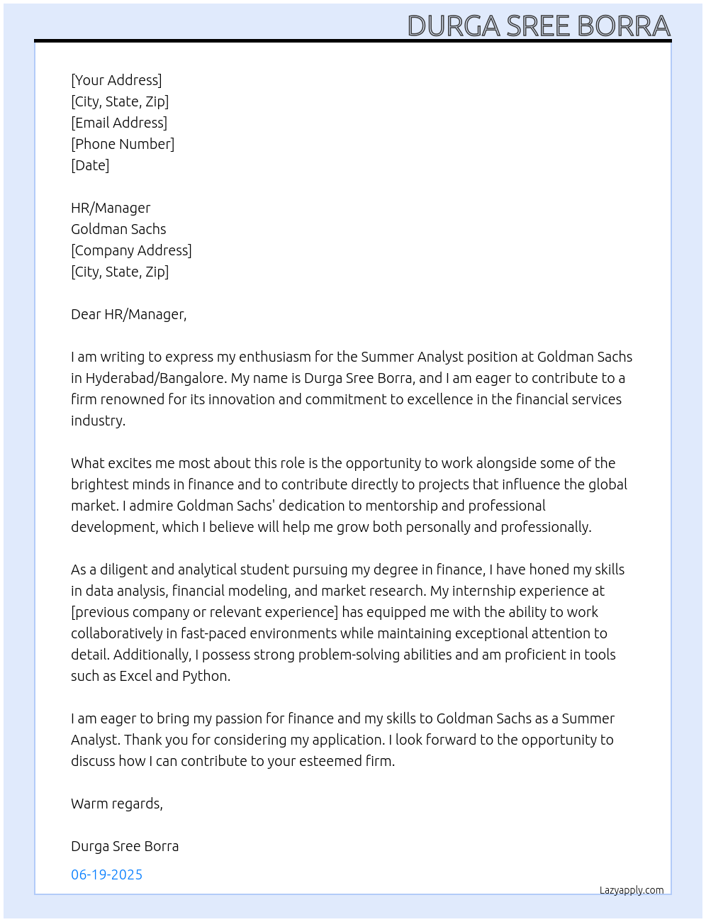 Summer Analyst At Goldman sachs Cover Letter