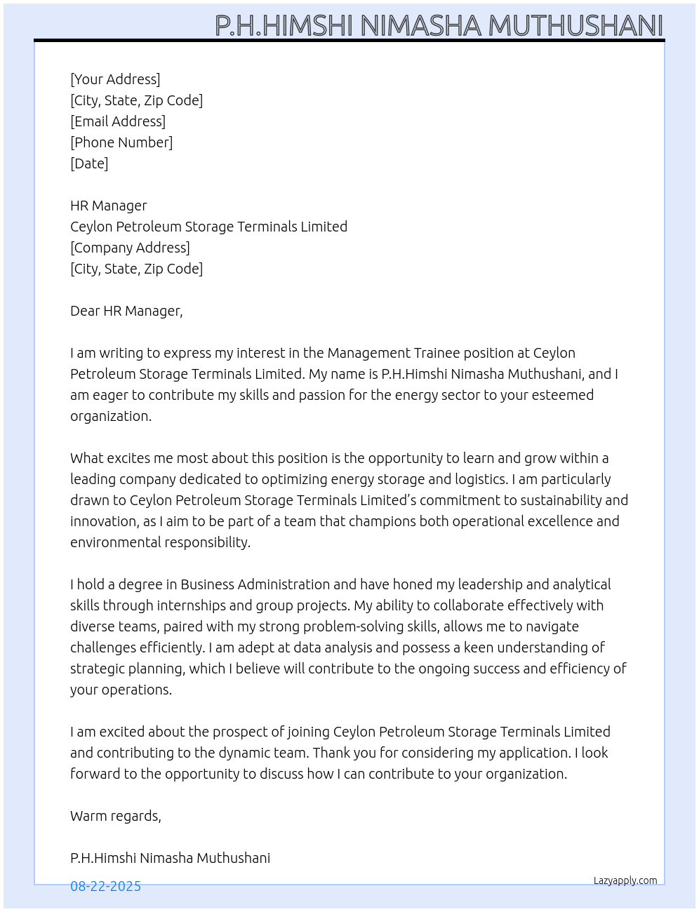 Management trainee At Ceylon Petroleum Storage Terminals Limited Cover Letter