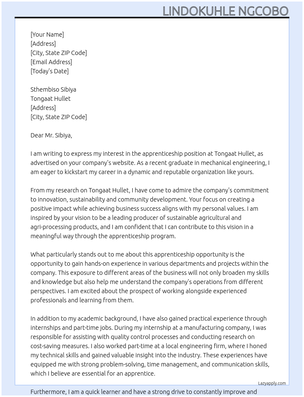 apprenticeship At Tongaat Hullet Cover Letter