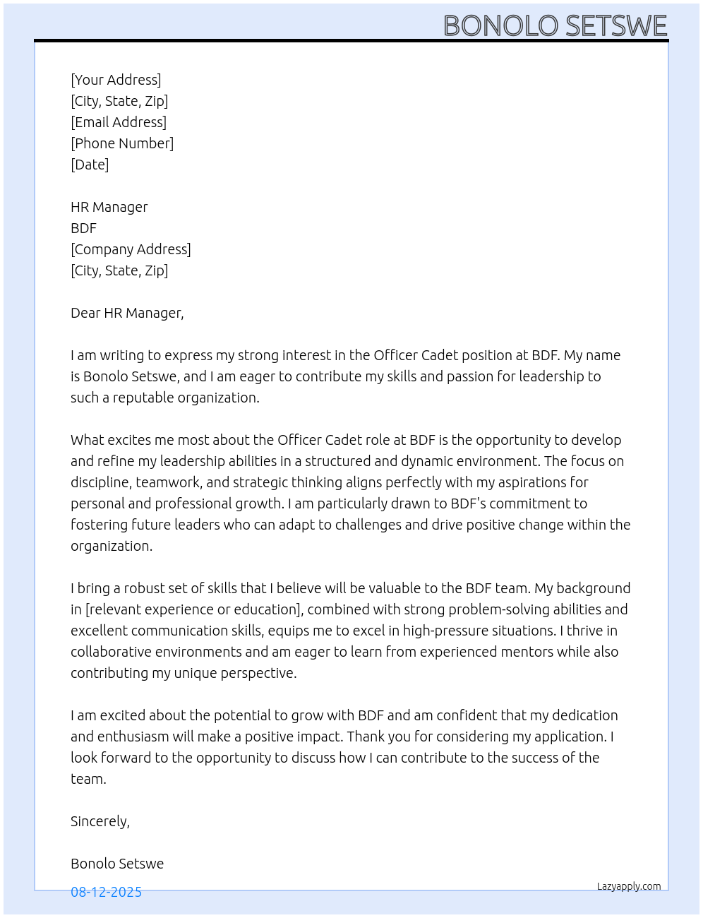 officer cadet At bdf Cover Letter