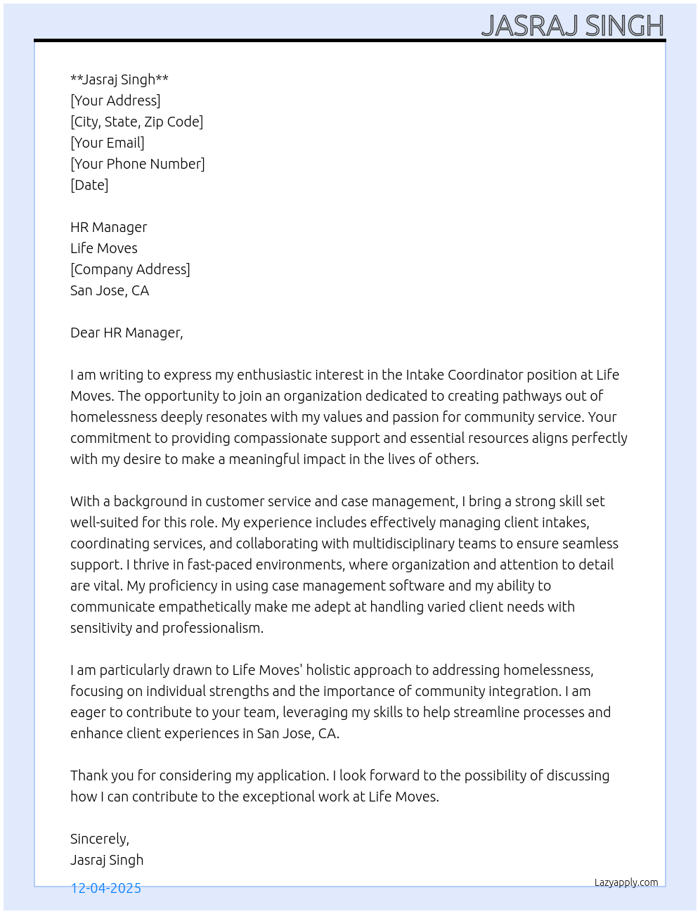Cover letter for intake coordinator - LazyApply