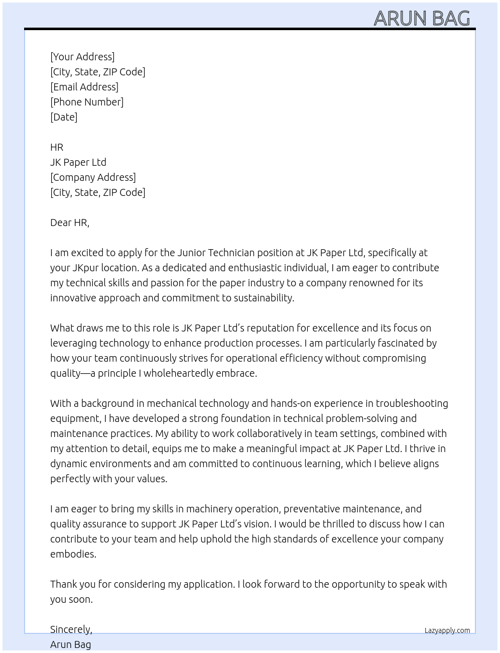 Junior technician At JK Paper Ltd Cover Letter