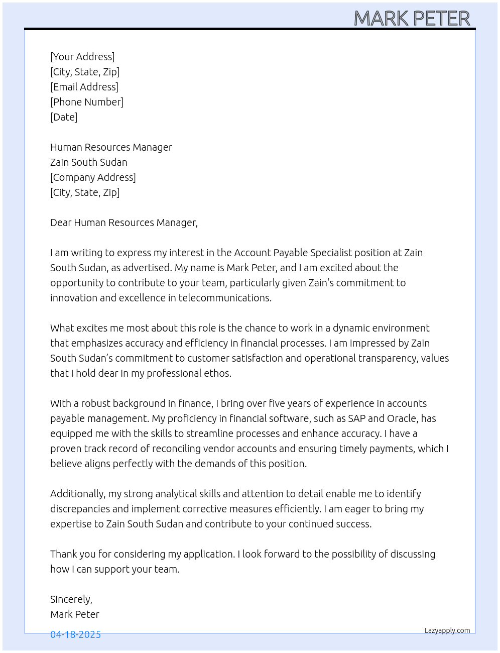 account payable specialist At Zain South Sudan Cover Letter