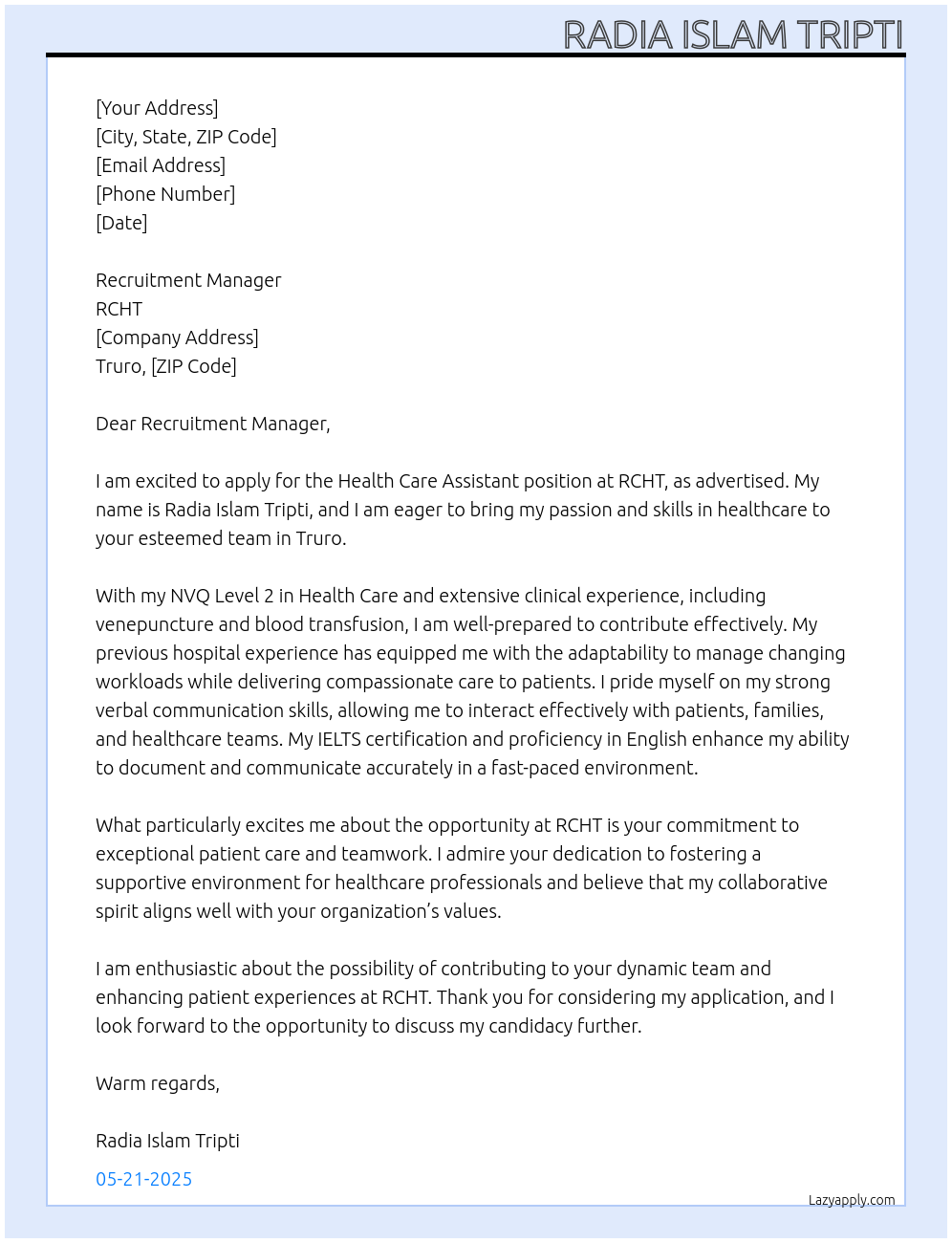 Health care assistant  At RCHT Cover Letter