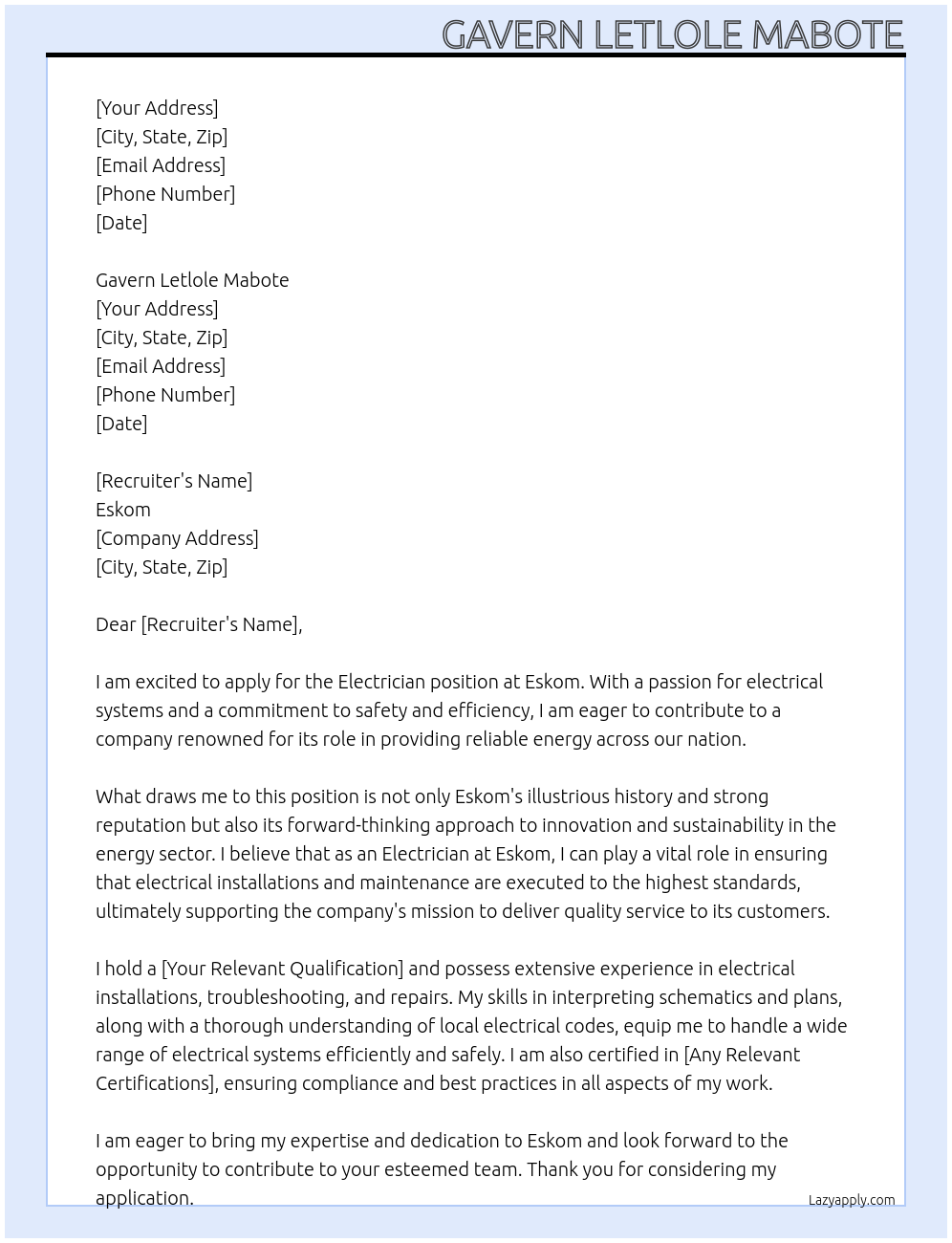 Electrician At eskom Cover Letter
