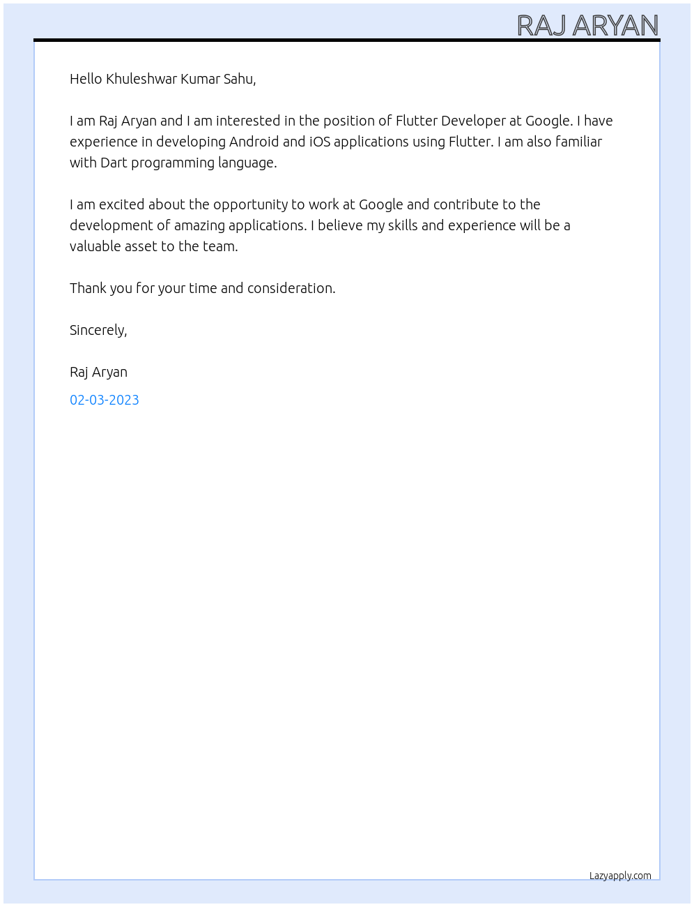 Cover letter for flutter developer - LazyApply
