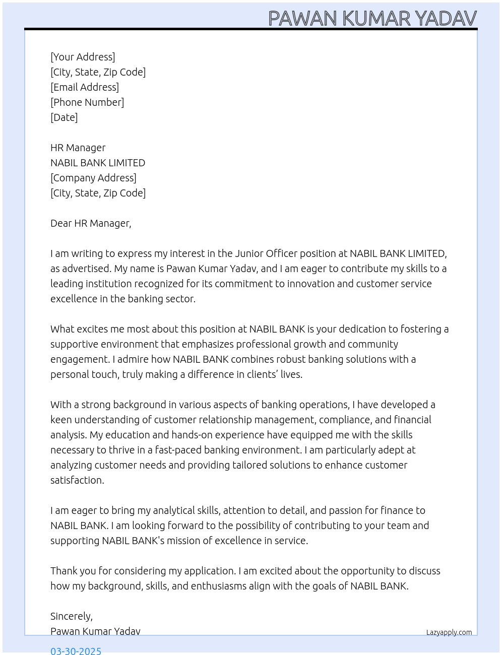 JUNIOR OFFICER At NABIL BANK LIMITED Cover Letter