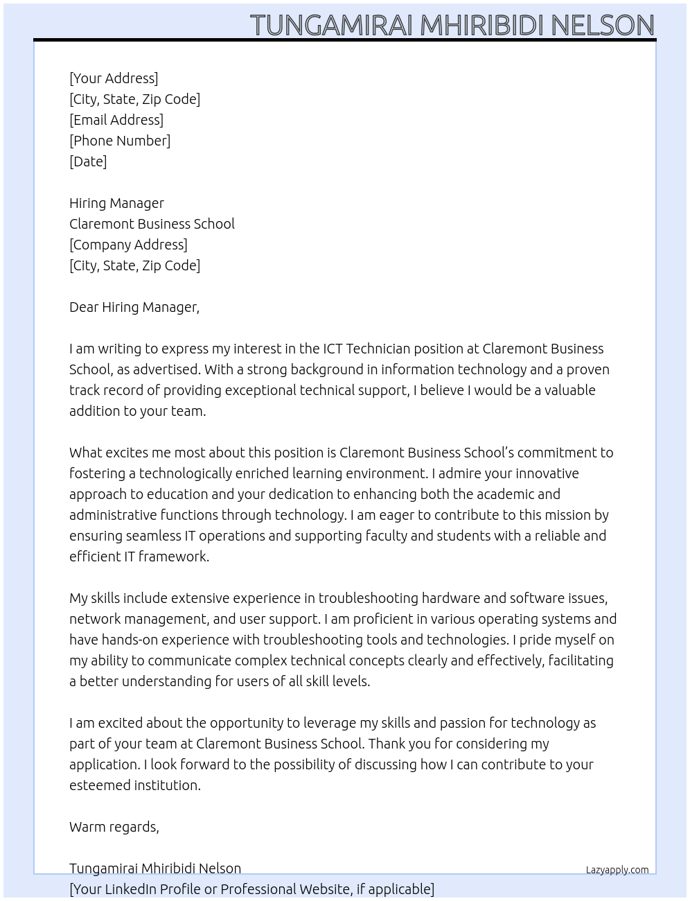 ICT Technician At Claremont Business School Cover Letter