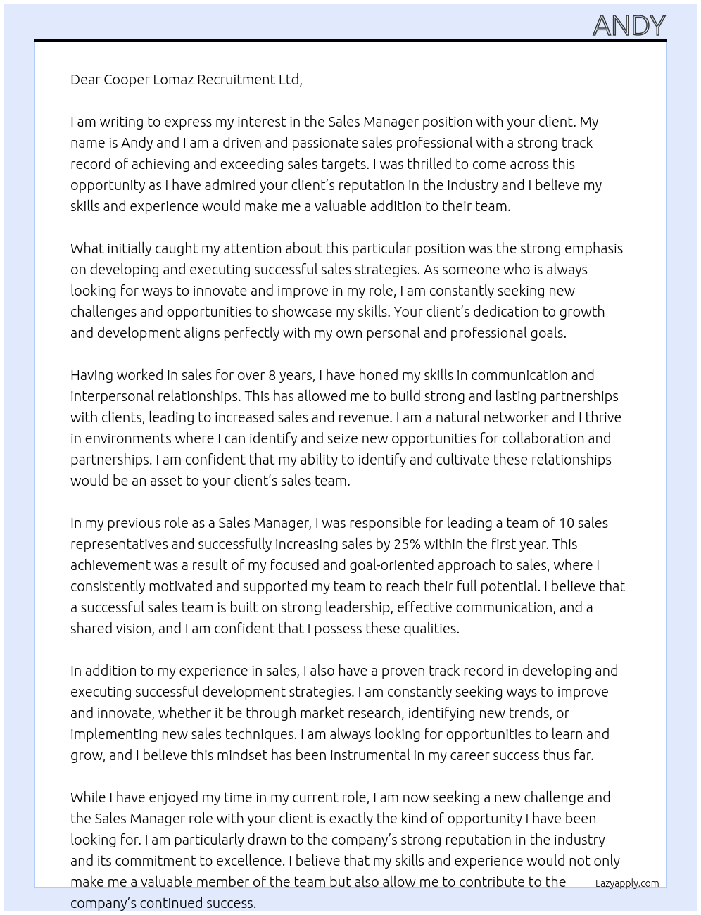 sales manager At your client Cover Letter