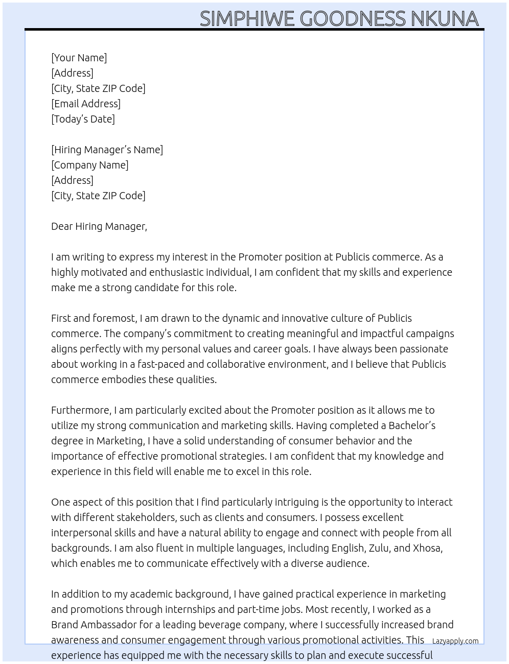 Promoter  At Publicis commerce  Cover Letter