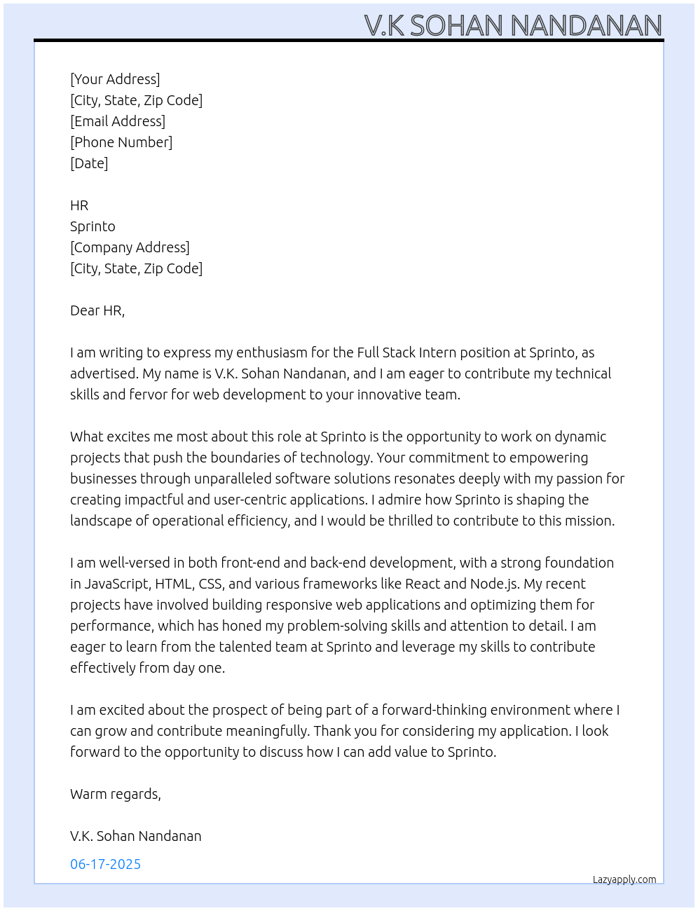 Cover letter for full stack intern - LazyApply
