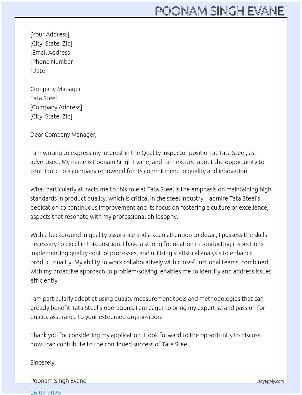 Quality inspector At Tata steel Cover Letter